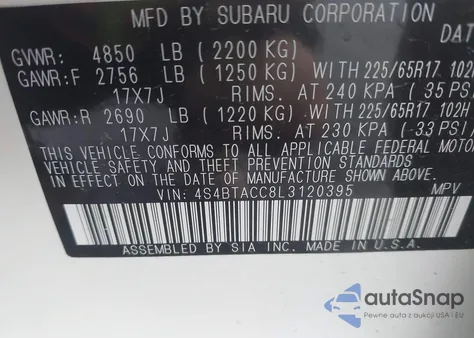 2020 Subaru Outback Premium from USA, damaged, VIN 4S4BTACC8L3120395